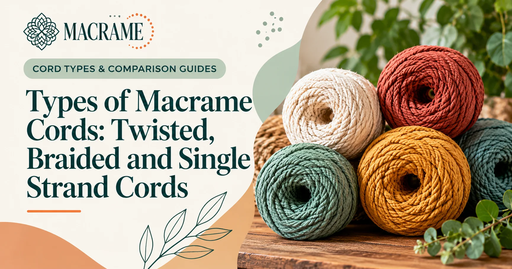 Macrame cord types like twisted cord, single strand cord, and braided cord in assorted colors for macrame and craft projects.